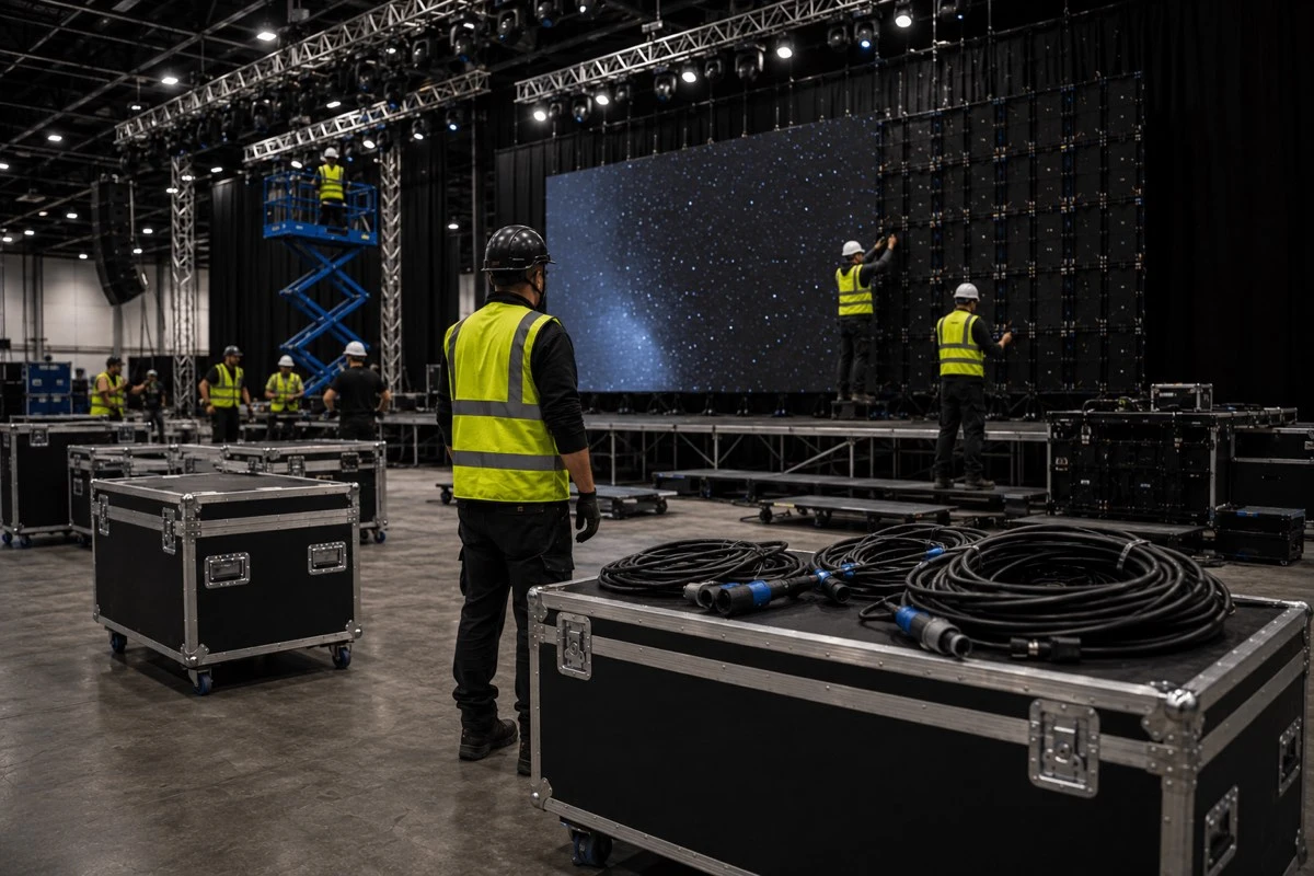 Large LED wall being installed by an event production crew